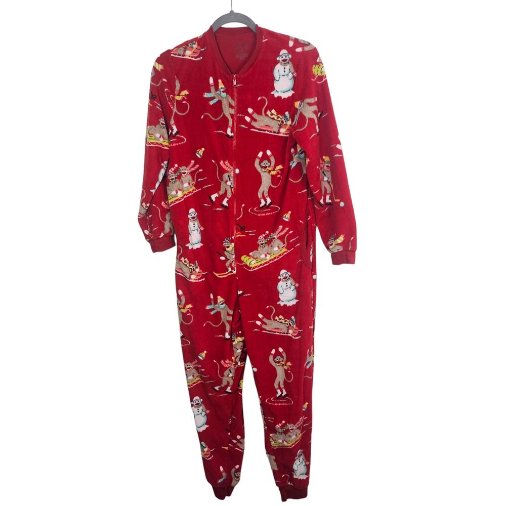 Nick & Nora Womens Sledding Monkeys 1Pc Fleece Pajamas Sz S Holiday Christmas